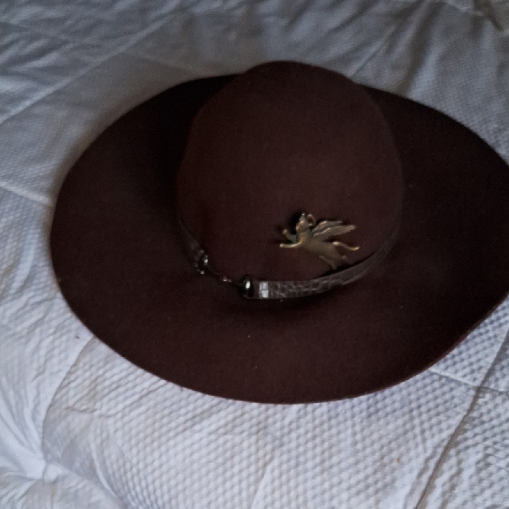 Womens Wide Brim Felt Fedora Hat with Gold Dove Accent - Brown